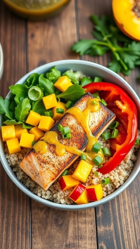 A quinoa bowl with jerk salmon, mango, greens, and bell pepper, garnished with green onions.